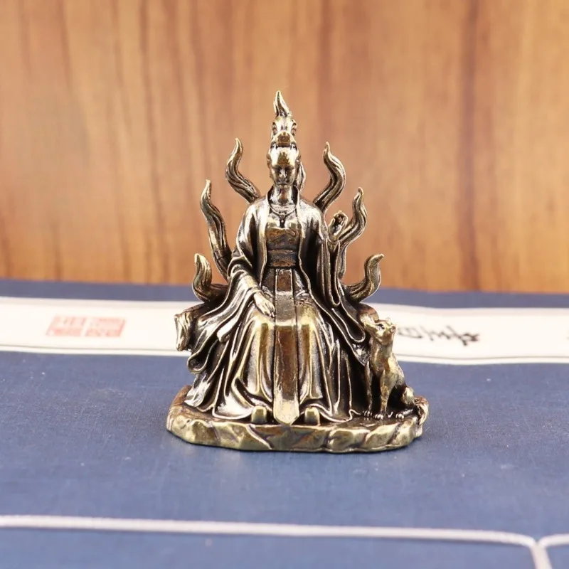 Vintage Brass Nine Tailed Fox Goddess Figurine Mini Myth Statue Oriental Desktop Ornament Retro Table Decor Collectible Craft