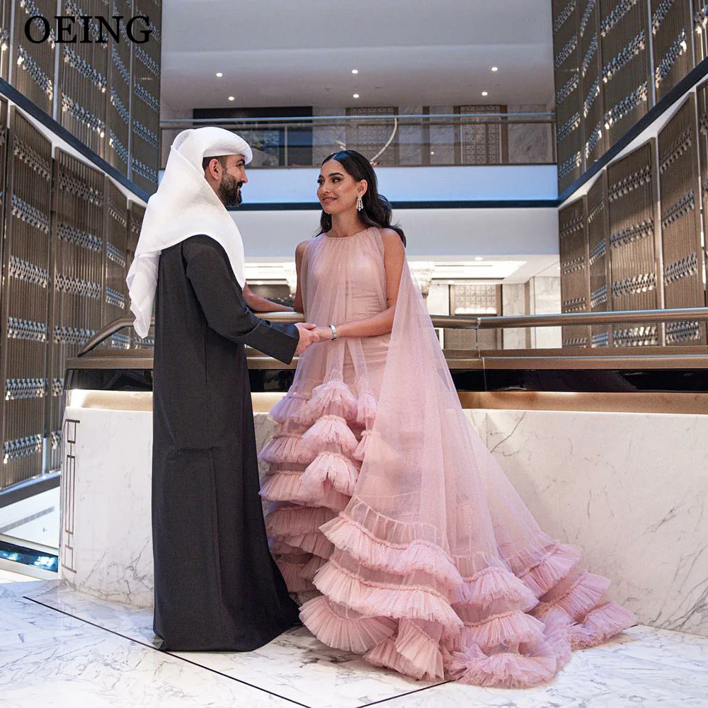 OEING Simple O-Neck Dubai Arabic Women Evening Dresses Princess Sleeveless Ruffles Tulle Tiered Cape Prom Gowns Formal Party