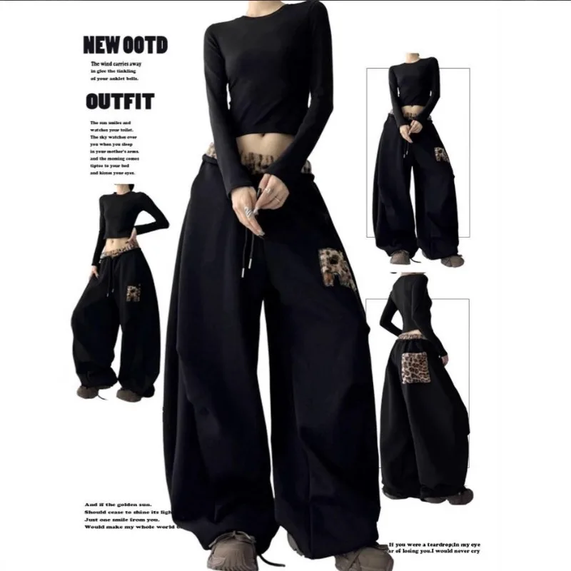 

Женские коричневые спортивные брюки свободного кроя с леопардовыми вставками в стиле Harajuku, эстетика 2000-х, винтаж Y2K, оверсайз