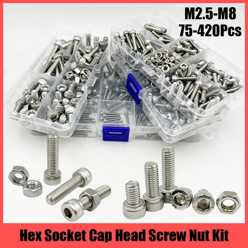 420/210/180/110/75-teiliges 304 Edelstahl Innensechskant-Schrauben- und Muttern-Set M2 M2.5 M3 M4 M5 M6 M8 Kit
