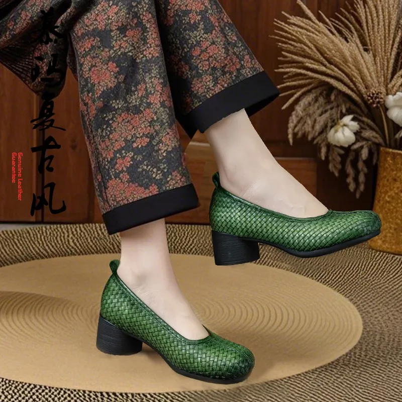 Moo Mar Handwoven Ethnic Style Leather Shoes Vintage Fashion Women's Slip-On Shoes round Toe Rubber Sole Comfortable Casual S...