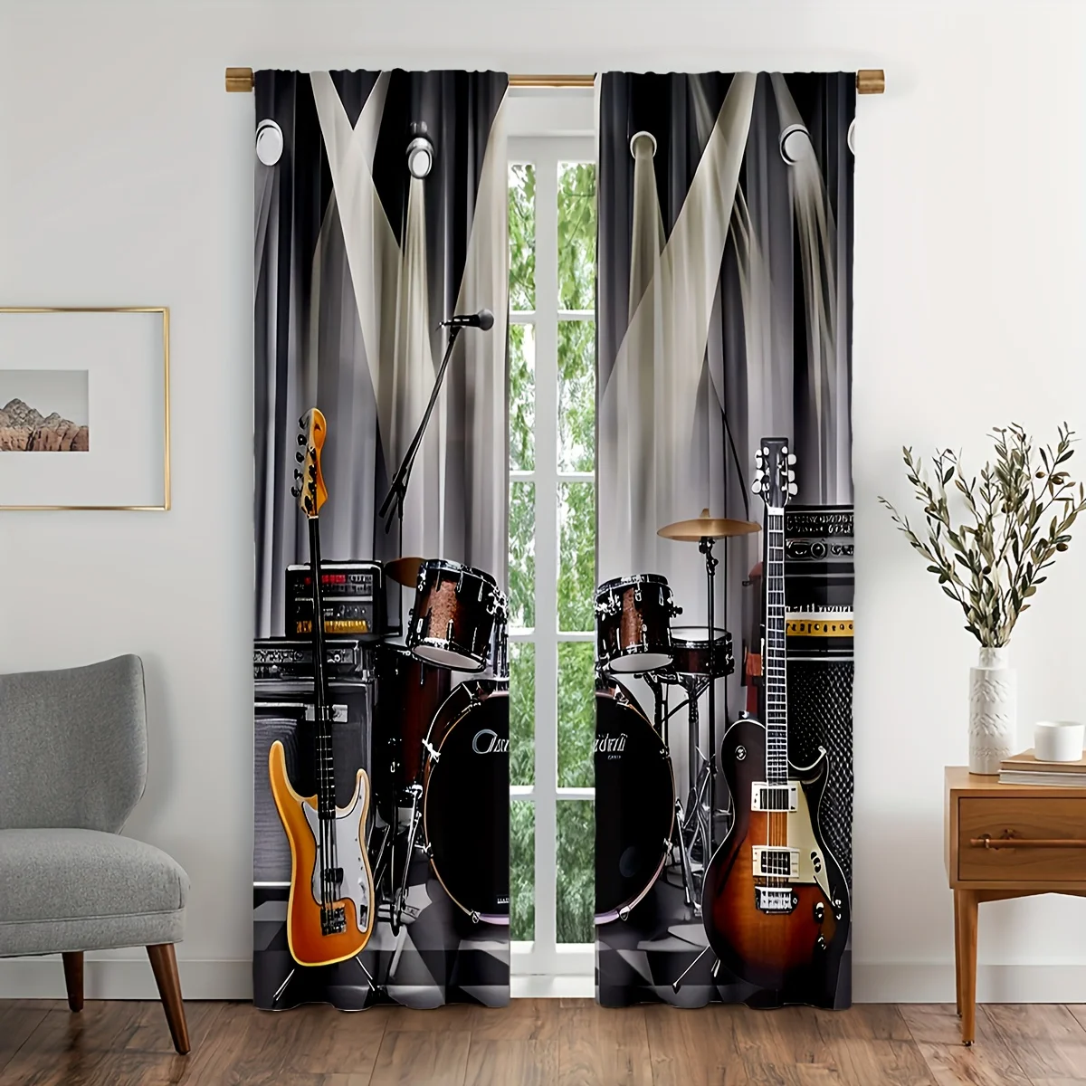 Rock Band Curtains, Musical Instruments Drum Guitar Print Window Drapes, Music Studio Decor, Blackout Fabric for Boys Room