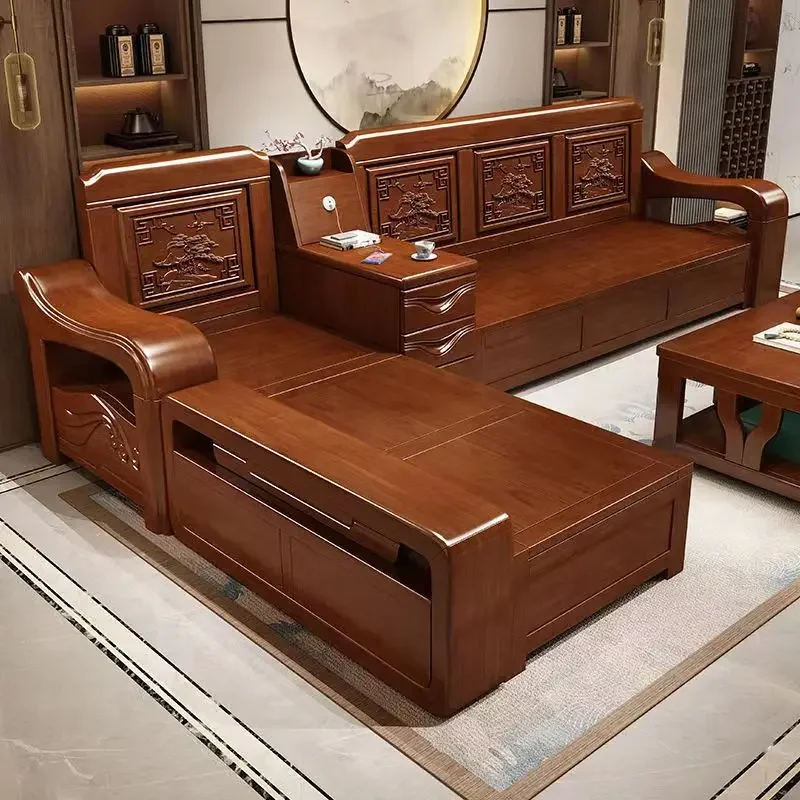 Solid wood sofa modern Chinese living room full solid wood summer and winter small apartment storage sofa combination wooden