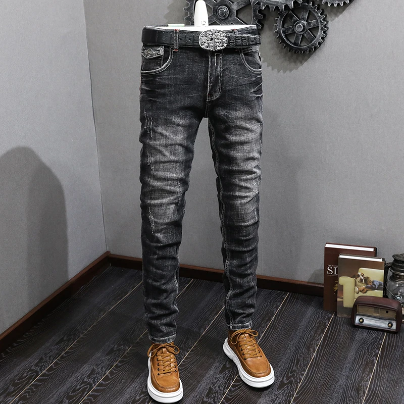 

Street Fashion Men Jeans Retro Black Gray Stretch Slim Fit Ripped Jeans Men High Quality Vintage Designer Denim Pants Hombre