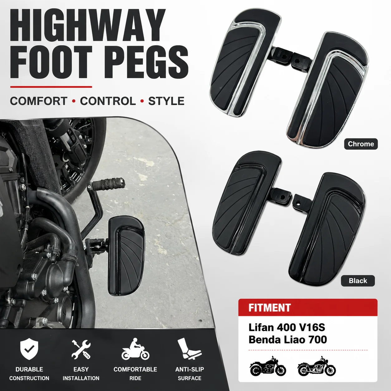 

Suitable for Lifan 400 V16S enlarged footpegs, retro modified footpegs for Benda L700 cruiser motorcycle