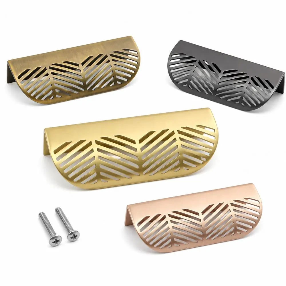 Zinc Alloy Cabinet Pull Handle Curved Grip Hollow Leaf Pattern Drawer Pull Handle Modern Style Screw Mounted