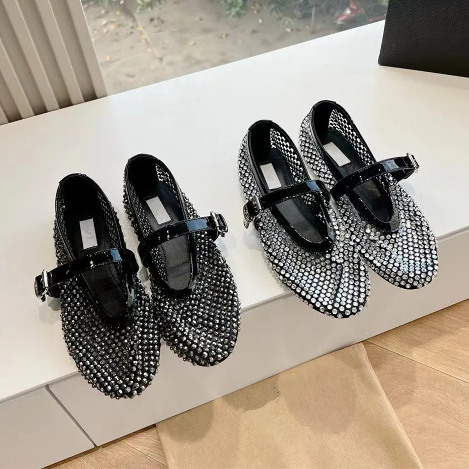 

Designer Brand Hollow out Full Water Diamond Fishing Net Ballet Shoes Women's Flat Bottom Mesh Belt Buckle Mary Jane Single Shoe