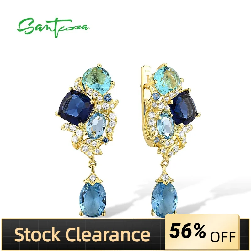

SANTUZZA 925 Sterling Silver Earrings For Women Blue Gemstone Drop Earrings серьги 2021 тренд Gold Color Gifts Fine Jewelry