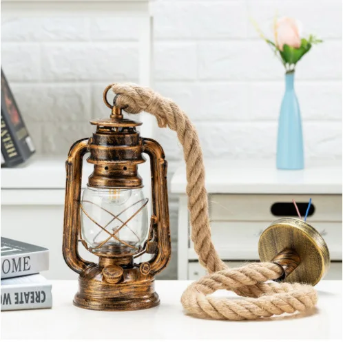 Kerosene Ceiling Light Fixture with Glass Shade Hemp Rope Vintage Pendant Light Lantern for Kitchen Island Farmhouse Loft Porch