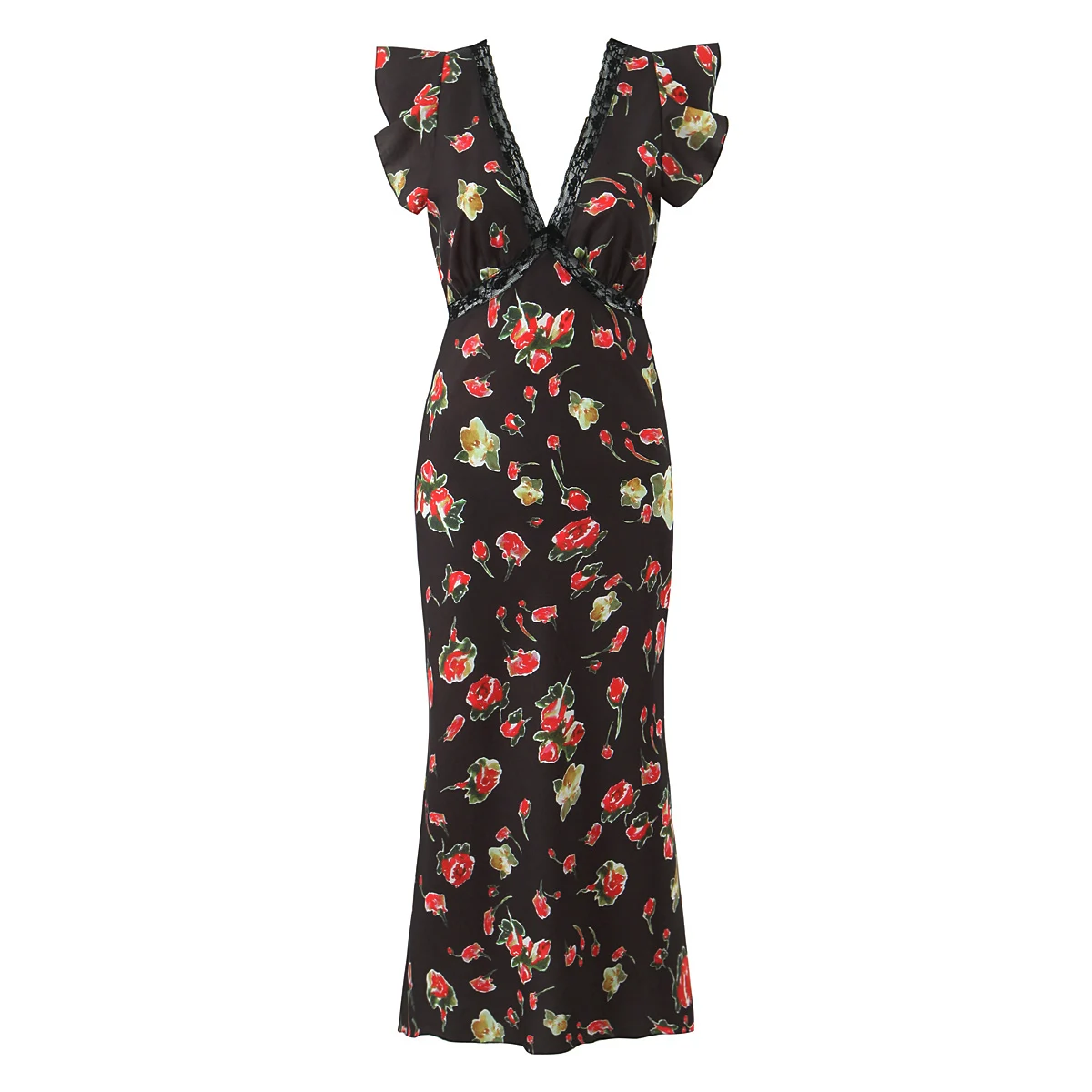 Novo verão preto com vermelho floral impressão emendado rendas babados vestido de manga curta feminino decote em v midi vestidos femme robe