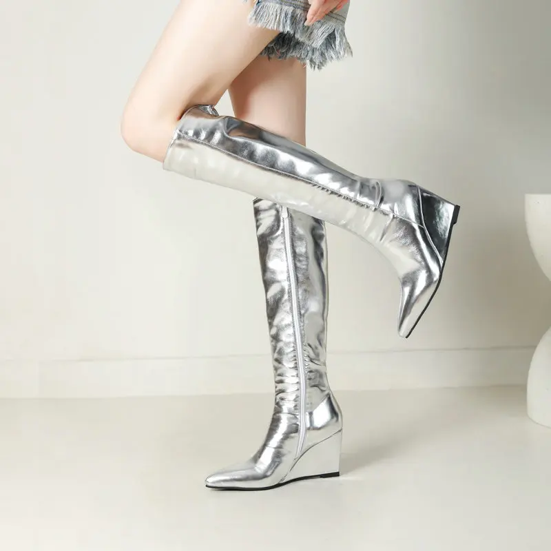Womens Metallic PU Leather Wedge Knee High Boots Ladies Pointed Toe Side Zip Tall Boots Plus Size Nightclub Performance Footwear
