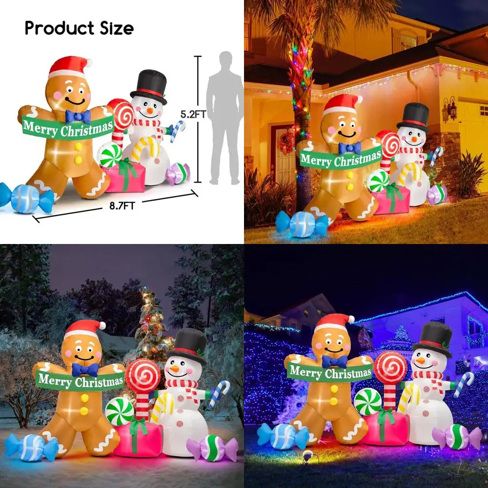 

8-Foot Tall Inflatable Gingerbread and Snowman Christmas Decorations with LED Lights for Outdoor Holiday Displays