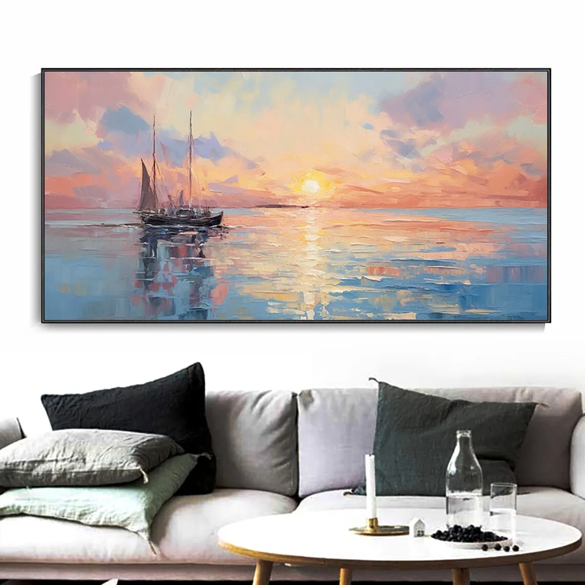 Vintage Hand Painted Oil Painting Ocean Canvas Art Sunrise Sunset Texture Home Wall Decor Blue Sea Landscape Bedside Wall Art