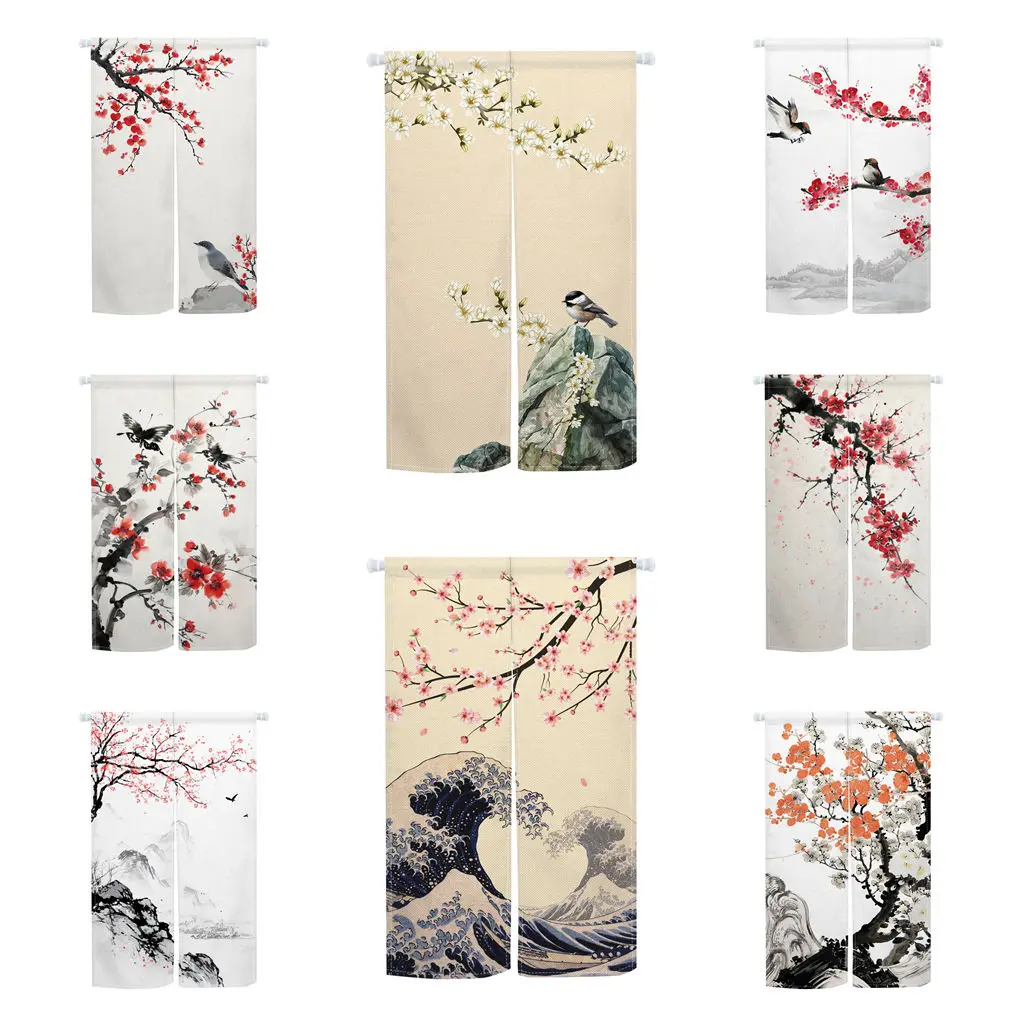 Chinese Style Noren Door Curtain Plum Blossom Birds Elegant Ink Print Window Kitchen Partition Screen Home Room Entrance Decor