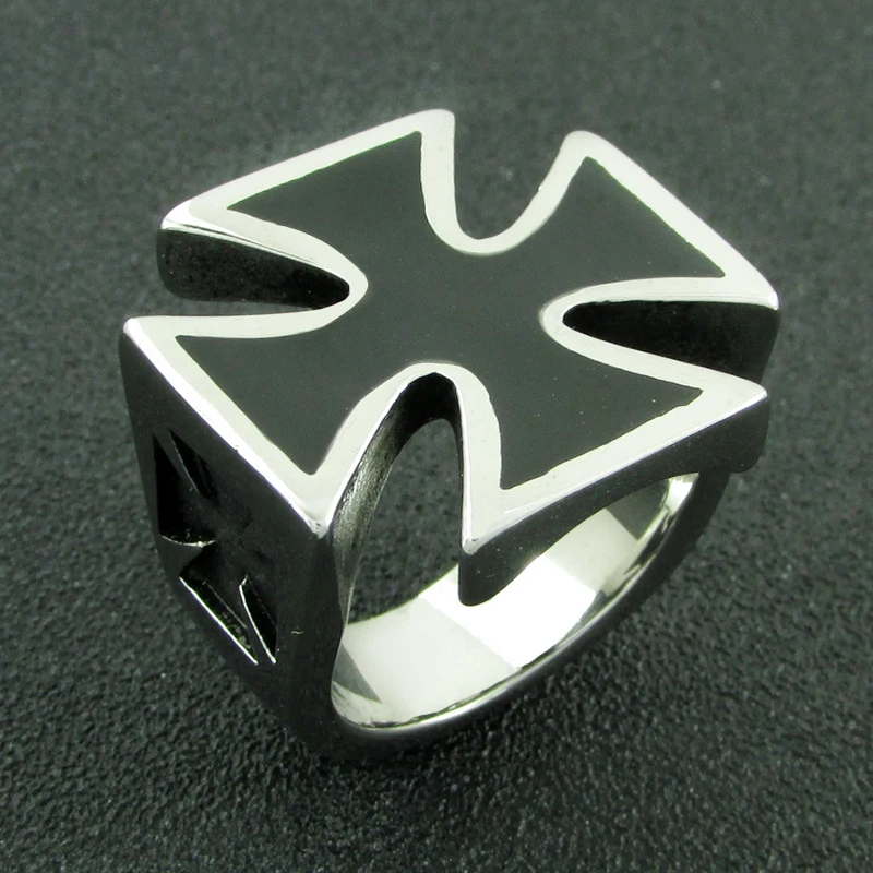 Punk US Size 7-14# 316L Stainless Steel High Quality Black Enamel Iron Cross Ring Man Biker Jewelry