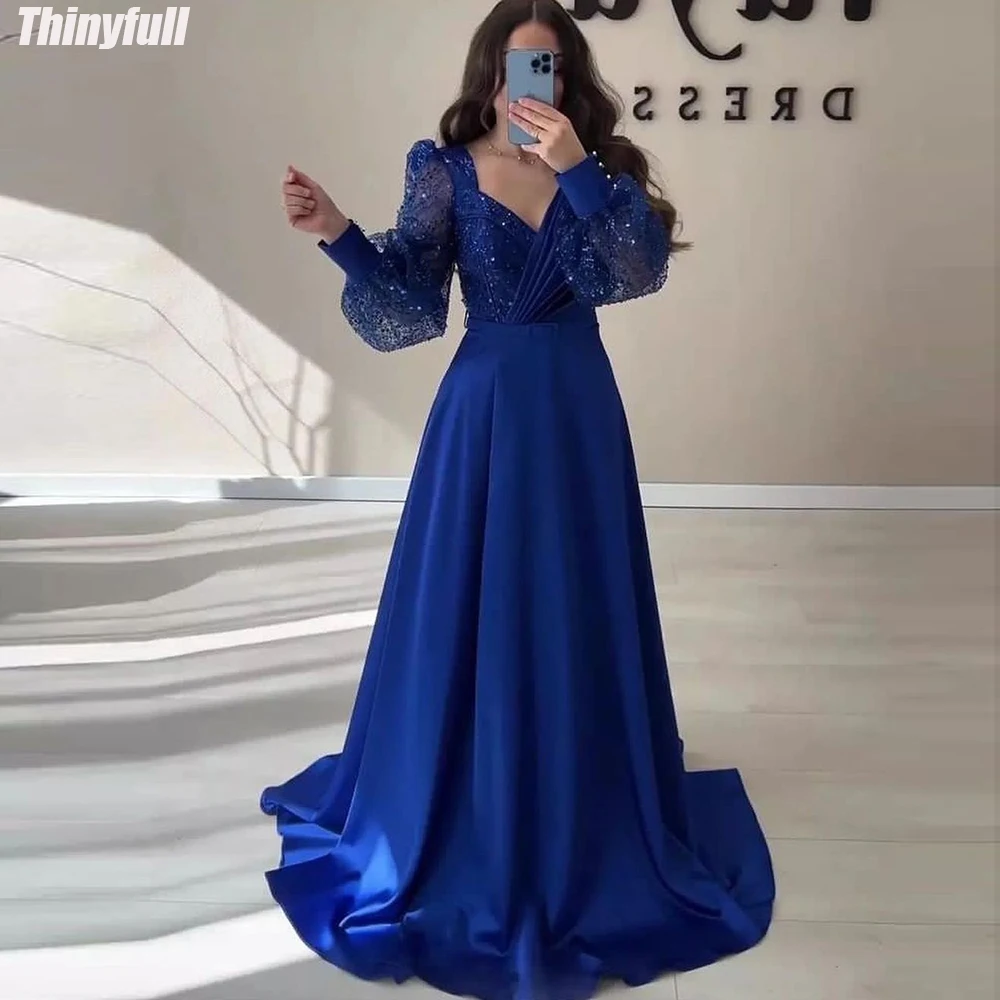 

Thinyfull Glitter Evening Dresses Long Sleeves A-Line Satin Prom Party Dress with Belt Formal Occasion Gown Robe De Soirée