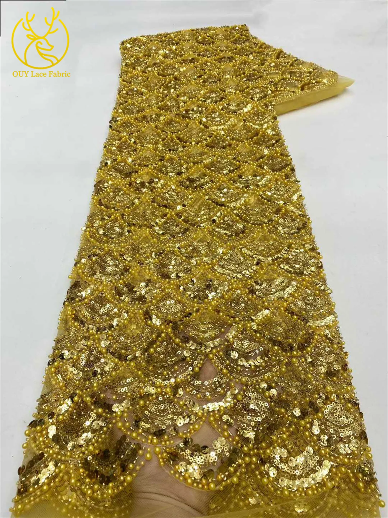 Tiefblauer afrikanischer schwerer Perlen-Spitzenstoff 2026 Hochwertiger nigerianischer Pailletten-Spitzenstoff für Hochzeit, Party, Kleid, 5 Yards – Detail 12