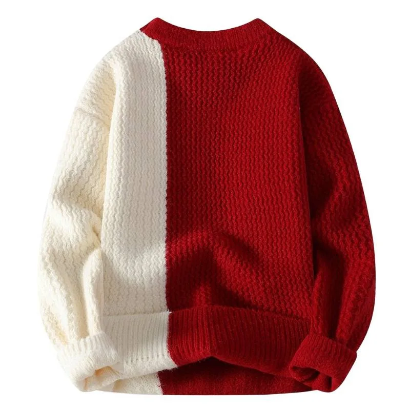 Outono inverno o-pescoço masculino camisola contraste cor lazer tendência moda engrossar pullovers quentes manga longa masculino topo de malha