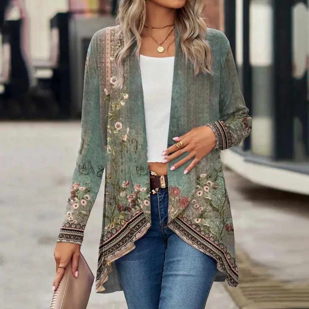 Spring Autumn Cardigan Coat Breathable Cardigan Floral Print Collarless Cardigan Coats for Women Stylish Mid-length Outerwear