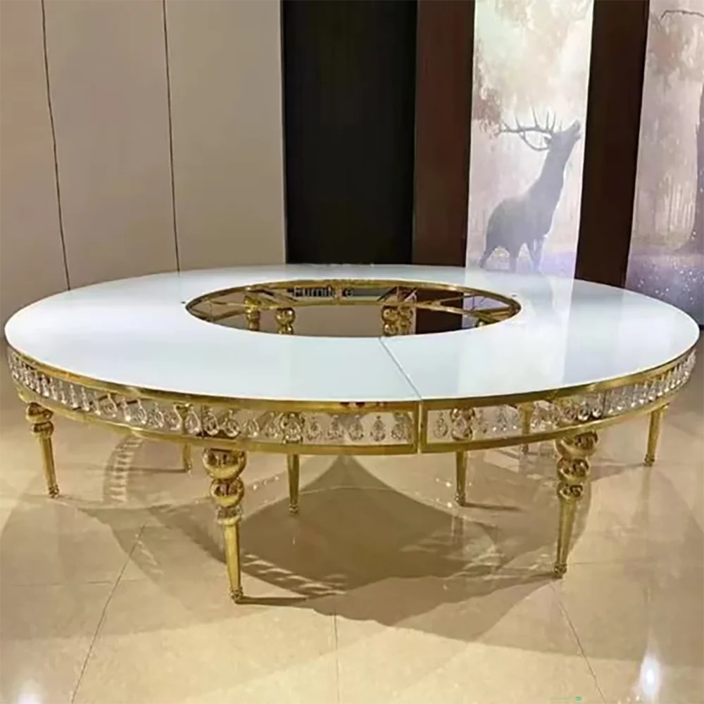 Modern Luxury Stainless Steel Banquet Dining Dinner Event Party White Glass Black Glass Serpentine Wedding Table