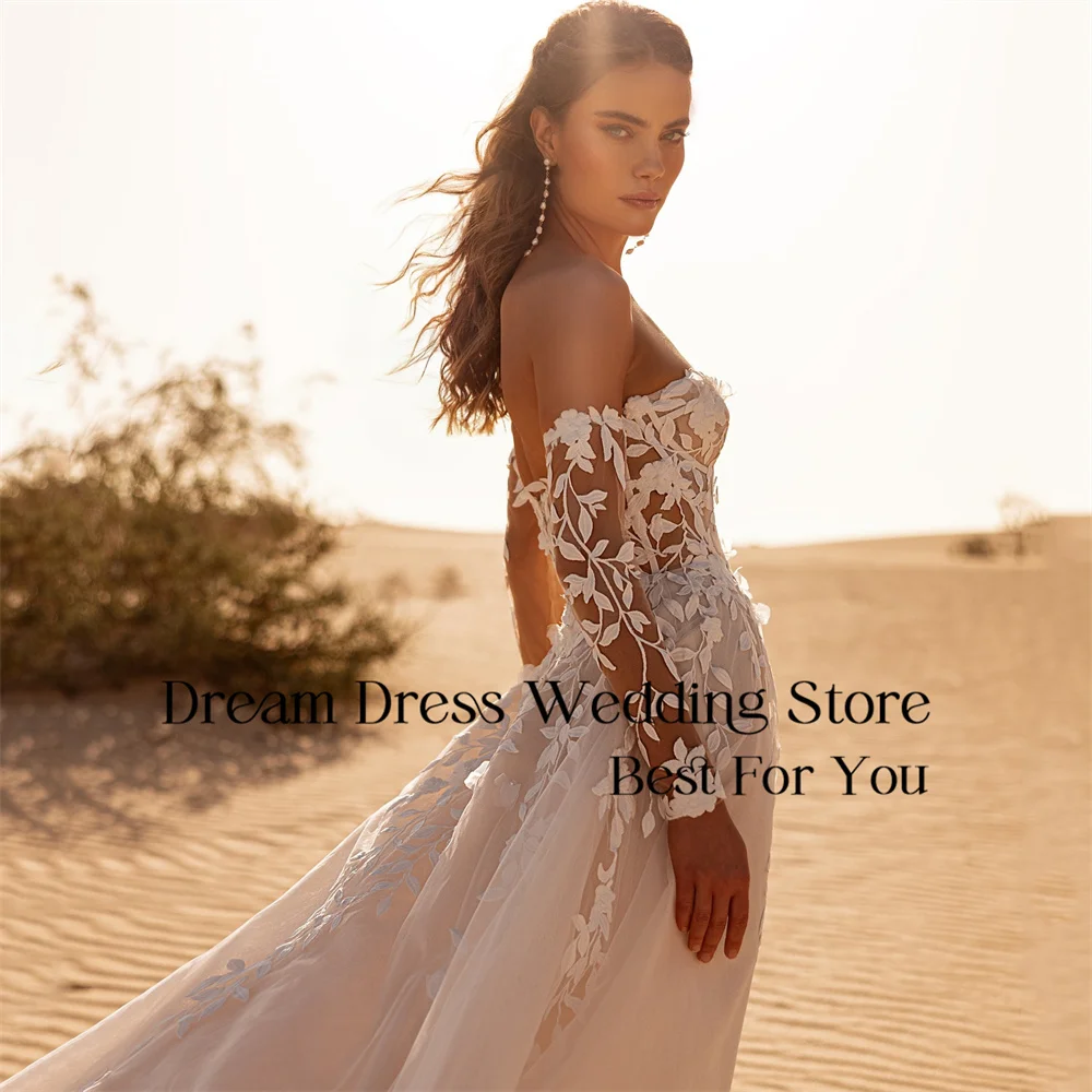 DREAM Spitze Lange Ärmel A-Linie Brautkleid Applizierte Schatz Open Back Tüll Falte Brautkleid Vestidos De Novia Angepasst