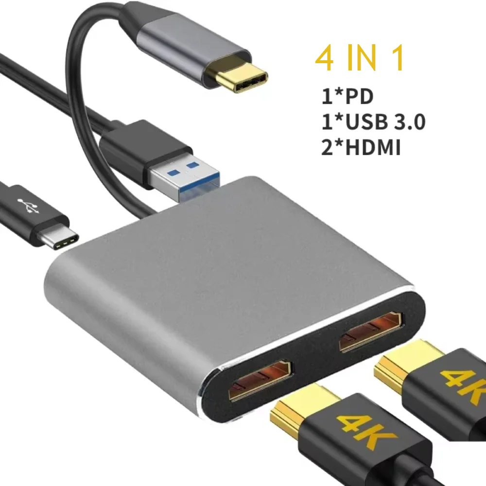 Type C to Dual HDMI Splitter 4K@60Hz 60W PD With Charging USB A Dual HD Adapter Hub Converter Cable For MacBook iPhone Laptop