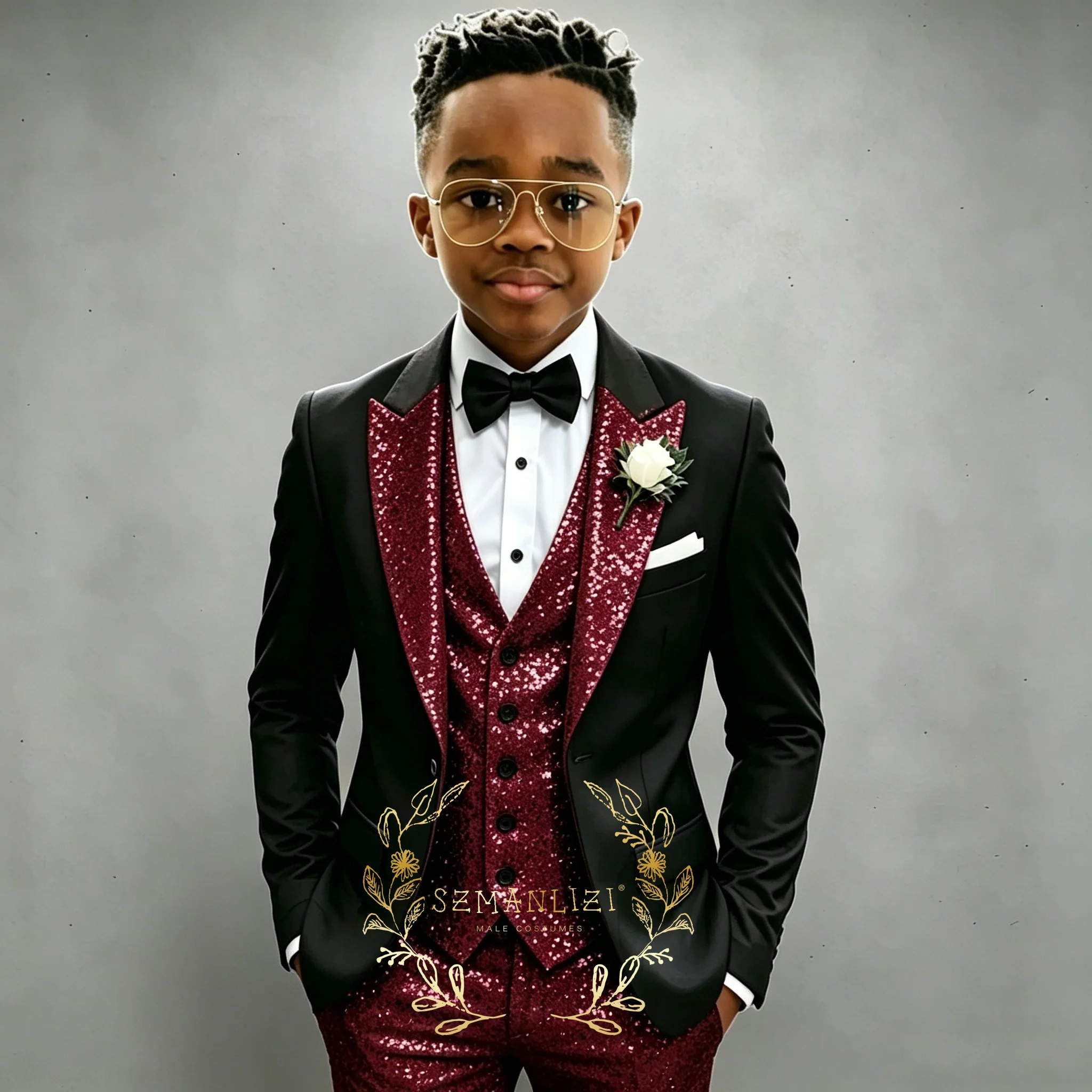 

Black Boys Suit 3 Pieces Suit Formal Wedding Tuxedo Kids Party Blazer Boys Jacket Burgundy Sequin Pants Vest 2-16 Years Old