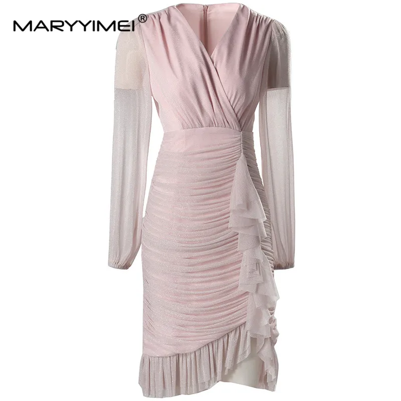 

MARYYIMEI Fashion Designer Autumn Women's Ball Gown dress Lantern Sleeved Flounced Edge Splicing Slim Sexy V-Neck Dresses