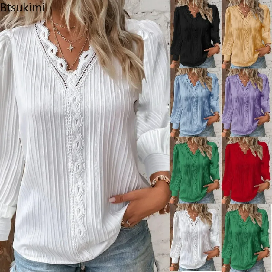 2024 Dames Casual Lange Mouwen Shirts Kanten Stiksel V-Hals Effen Chiffon Shirt Pullover Top Mode Dame Elegante Straat Blouse