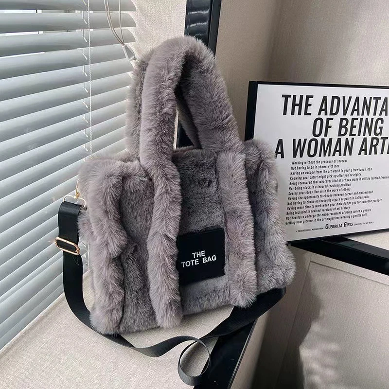 Fashionable and Simple Large-capacity Plush Black Label Tote Bag for Women Cross-body Shoulder Bag Versatile Plush Bag