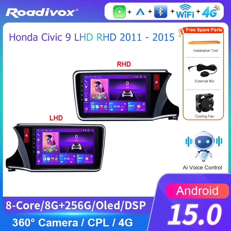 AI VOICE roadivox Android car radio for HONDA CITY LHD RHD 2014 2019 stereo GPS Navigation video Multimedia Player tape recorder