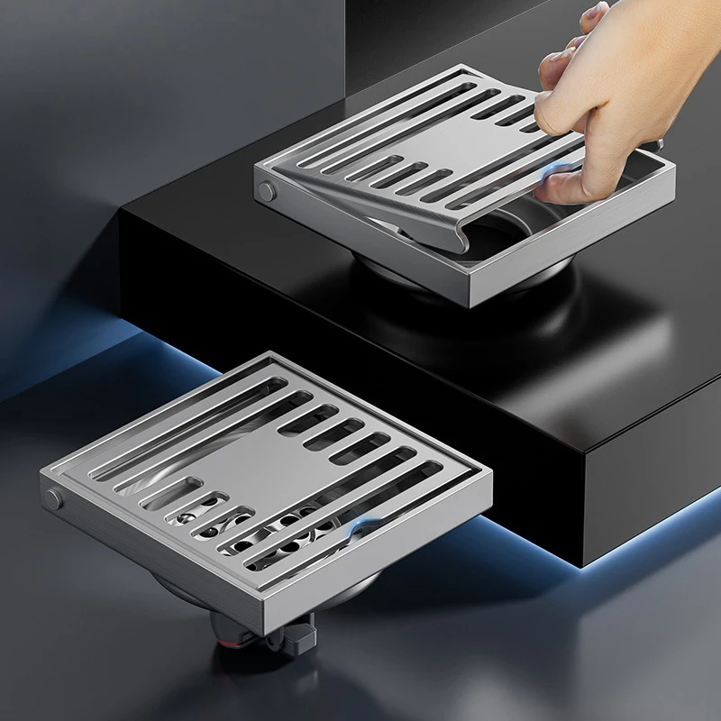 Flip-top Bathroom Square Floor Drain 304 Stainless Steel Deodorizing Filter Floor Drain 10/12/15cm Gravity Closed Drain Core