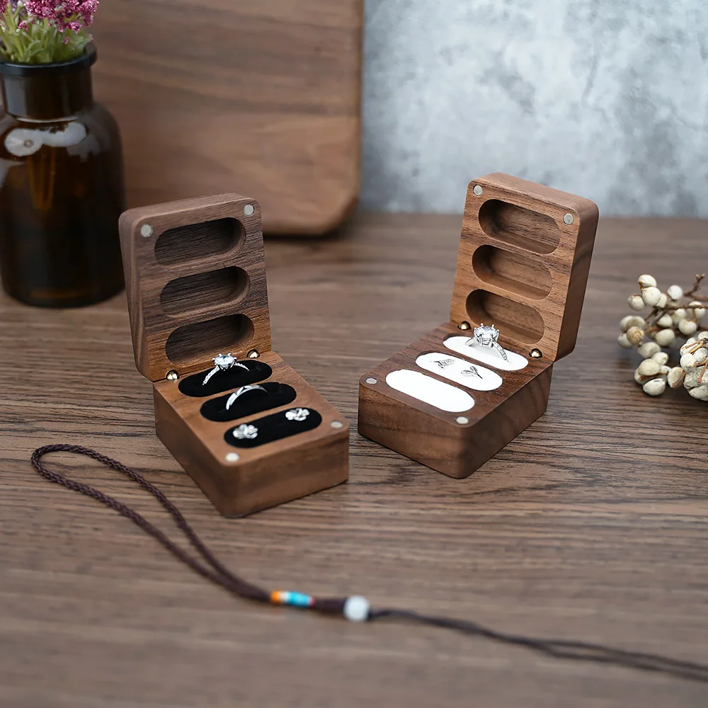 Black walnut wedding ring Jewelry box High-end small exquisite storage box Necklace stud box Exchange gift three slots