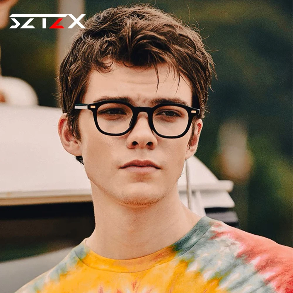 SZTZX New Fashion Photochromic Anti Blue Light Reading Glasses for Women Men Round Myopia Hyperopia Prescription Optical Eyewear