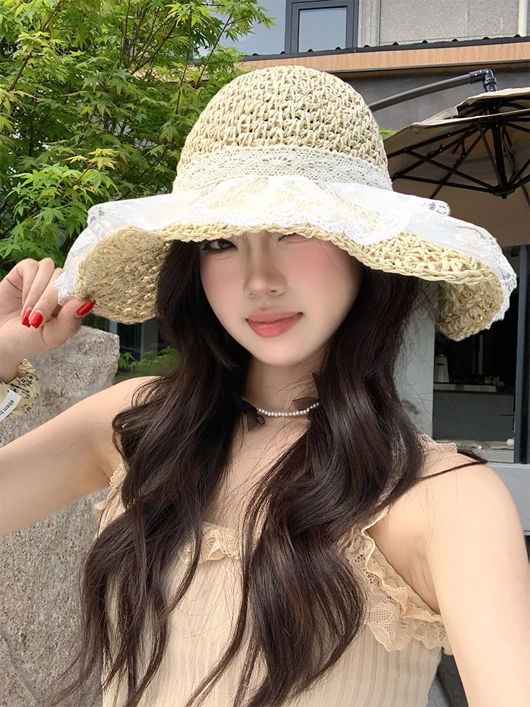 Women's Summer Large Brim Woven Straw Hat Hollow out Design Beach Vacation Sun Protection Hat Casual Style round Top Hat