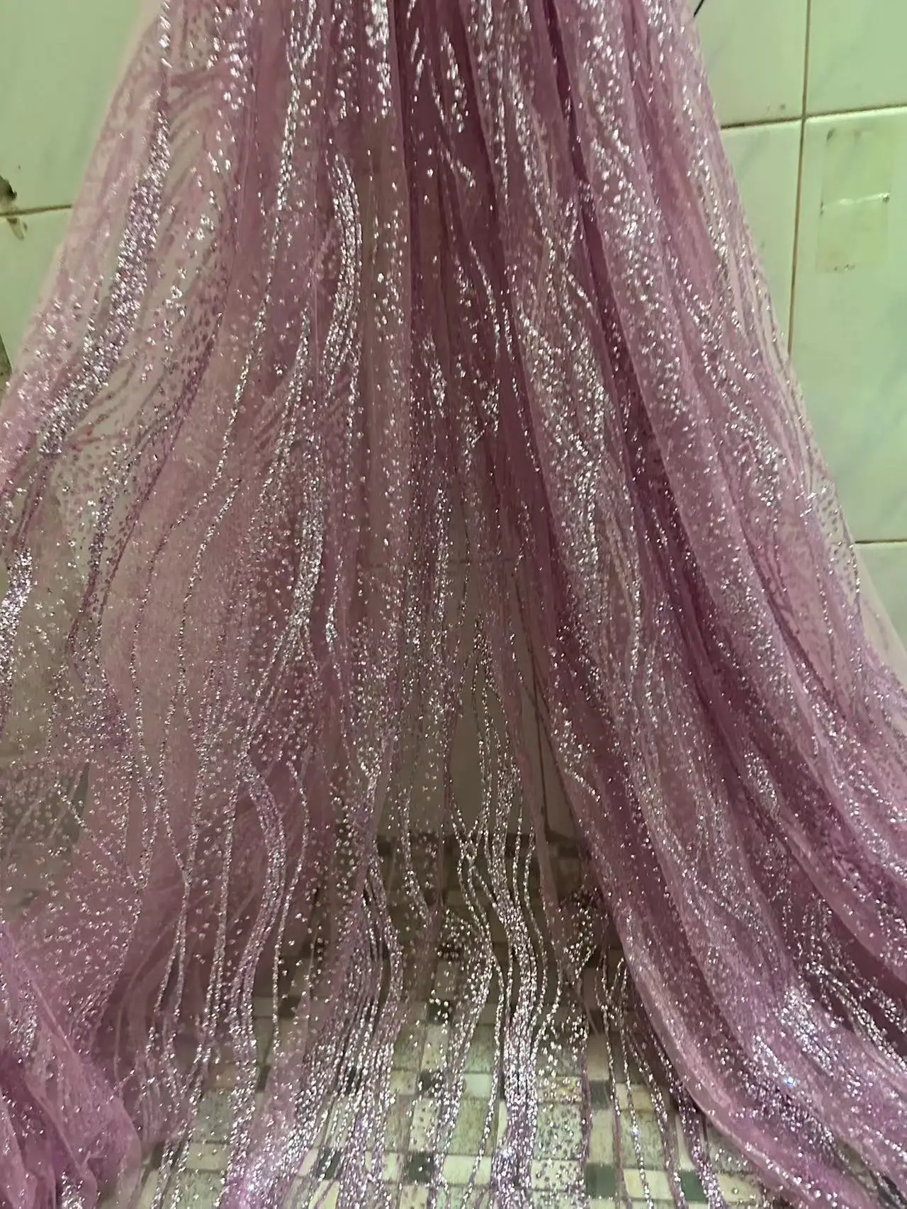 Wave Design H-72409 Embroidered Tulle Lace 5Yard/Lot with Glued Glitter Super Quality Glitter Lace Fabric in Pink Color