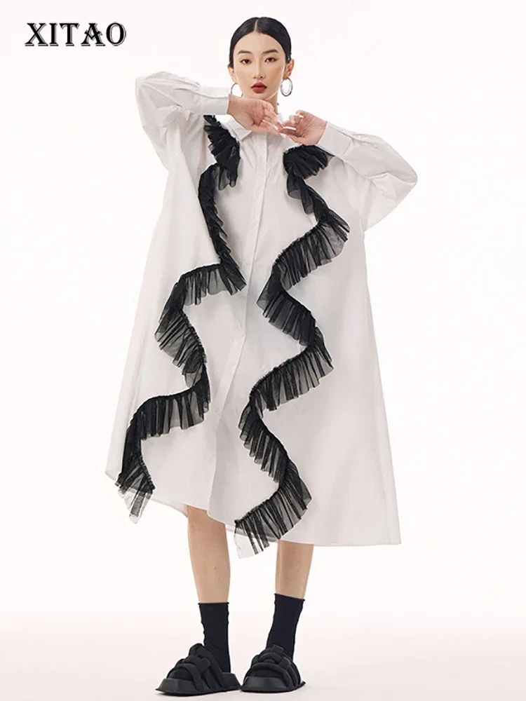 

XITAO лоскутное сетчатое однобортное платье с воротником-рубашкой, винтажное европейское милое повседневное весеннее платье трапециевидной формы с длинными рукавами GMM1184