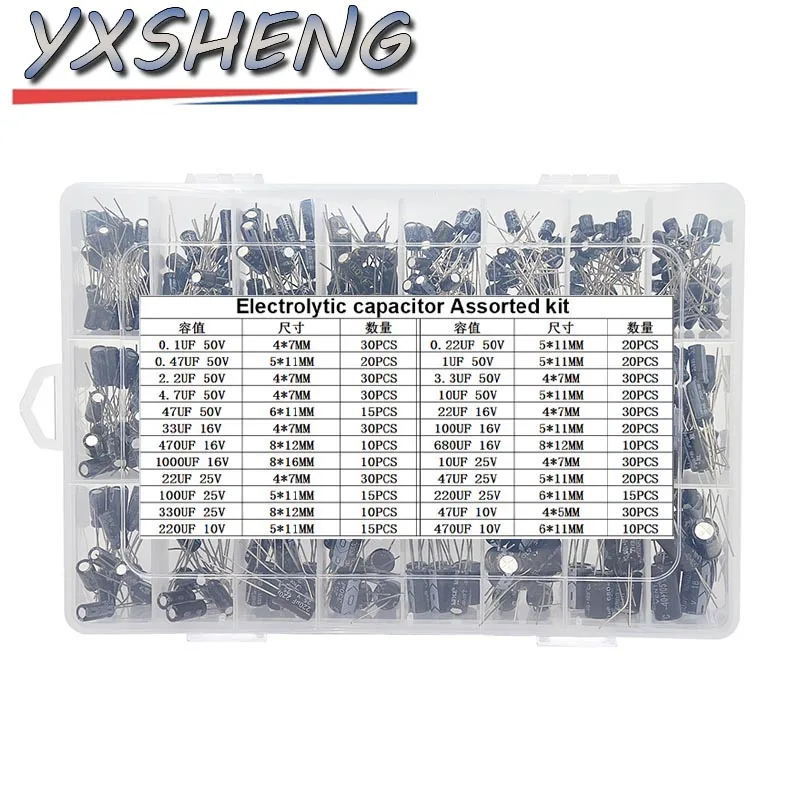 

500 шт./компл. с коробкой 0,1 мкФ-1000 мкФ 24 значения алюминиевые электролитические конденсаторы 10-50 В смешанный комплект электролитических конденсаторов