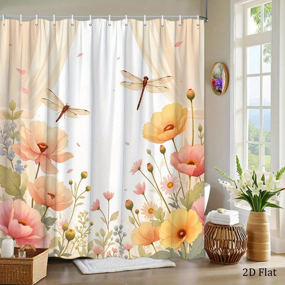 1pc a Pastel Floral And Dragonfly Shower Curtain Featuring a Whimsical Watercolor Design, Perfect for Bathroom Decoration. It Co