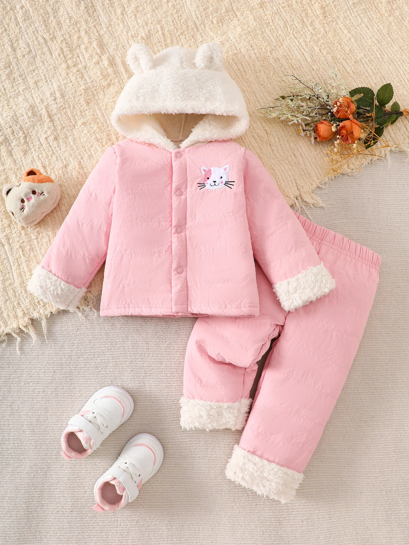 

Winter 2pcs Littile Girls Cat Print Fleece Hooded Snowsuits Jacket+Pants Set Baby Clothes Outfits Casual Plush Homewear 0-3Y