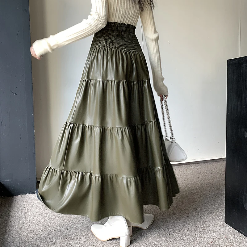 Fall Winter New PU Skirts Women Faux Leahter Elastic High Waist Pleated Skirt Long PU Skirts Green Black Saias Mujer 2024 New