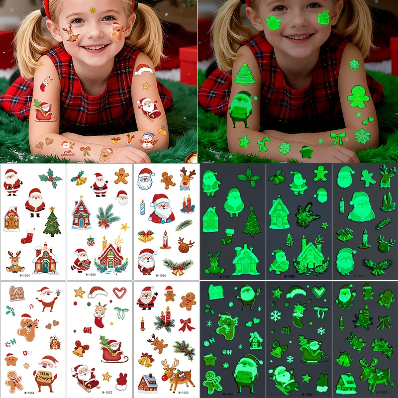 

Светящаяся рождественская временная татуировка-наклейка с рисунком Санта-Клауса, пряничный человечек, водонепроницаемая татуировка-наклейка, боди-арт, поддельная татуировка