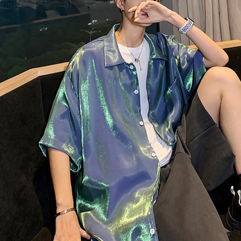 WVGA Summer New Men's Trendy Polarized Glossy Short Sleeve Shirt Niche Chic Casual High-end Loose Oversized SunProof Tops W23478