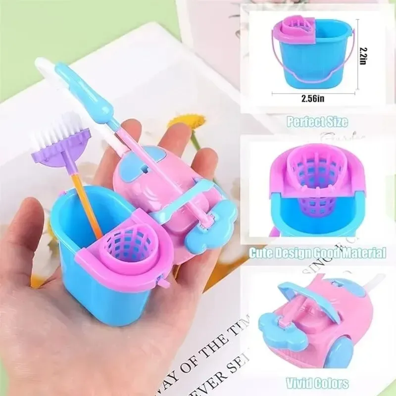9-delige mini-reinigingsspeelgoedset - poppenhuisbezem, dweil- en emmeraccessoires voor kinderen, poppenmeubilair huishoudelijk spelen