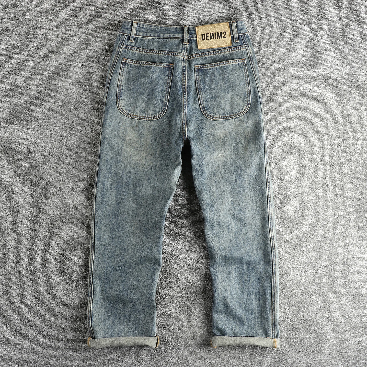 Spring new double bone edge design American retro loose straight leg jeans men washed to make old retro blue pants