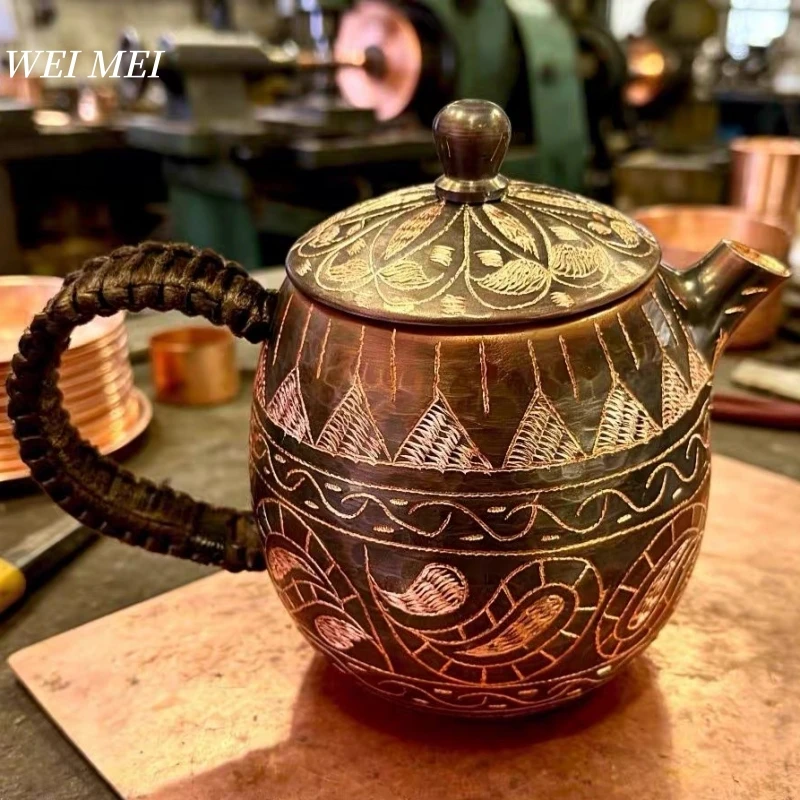 

Pattern Random Vintage Pure Copper Tea Pot,Brewing Handheld Tea Infuser,Handcrafted Woven Handle Unique Texture Pot Tableware