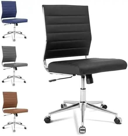 Armless Office Desk Chair, Mid Back Ergonomic Swivel Conference Room Chair, Adjustable Height PU Leather Home Desk