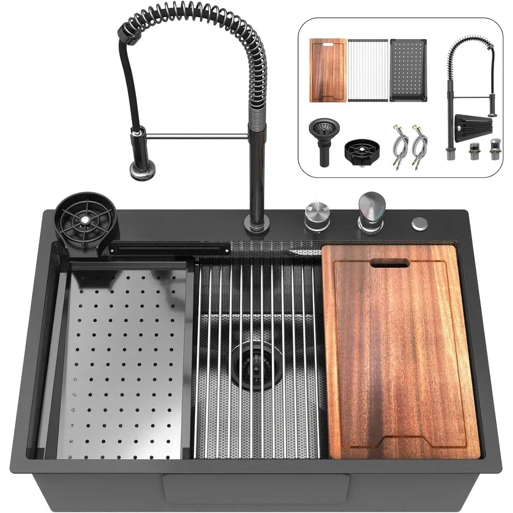 

33 x 22 Black Drop-In Kitchen Sink, 16G Stainless Steel, Double Step Workstation, Single Bowl