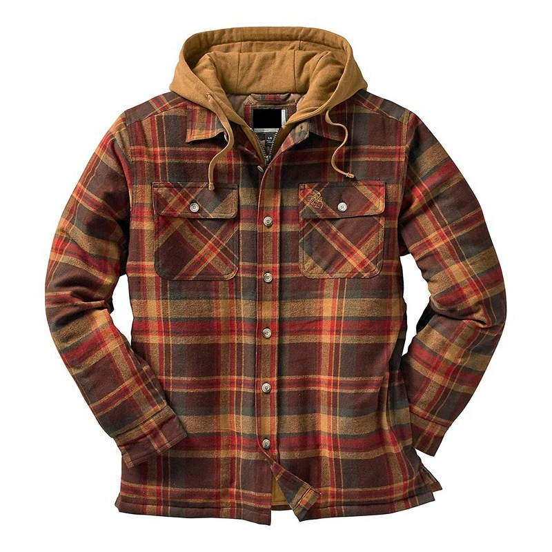 Men's Full Zip Hooded Shirt Jacket Thick Plaid Long-Sleeved Loose Jacket Winter Outfit