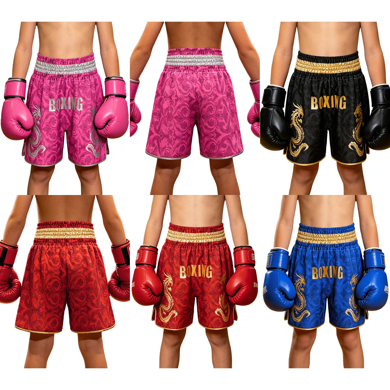 Kinder-Boxershorts für Jungen und Mädchen mit Weitem Metallic-Buchstaben-Drachen-Print, Kickboxen Kampfsport Boxershorts Trainings-Kostüm – Detail 2
